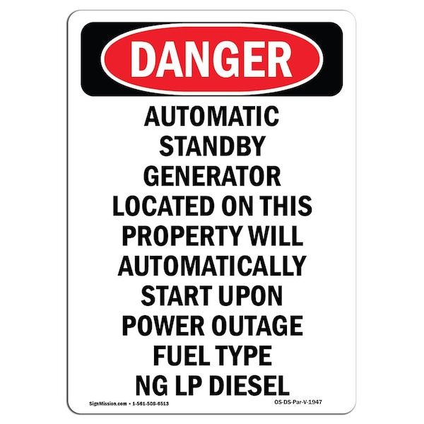 Safety Sign, OSHA Danger, 5" Height, Automatic Standby Generator Located, Portrait, 10PK